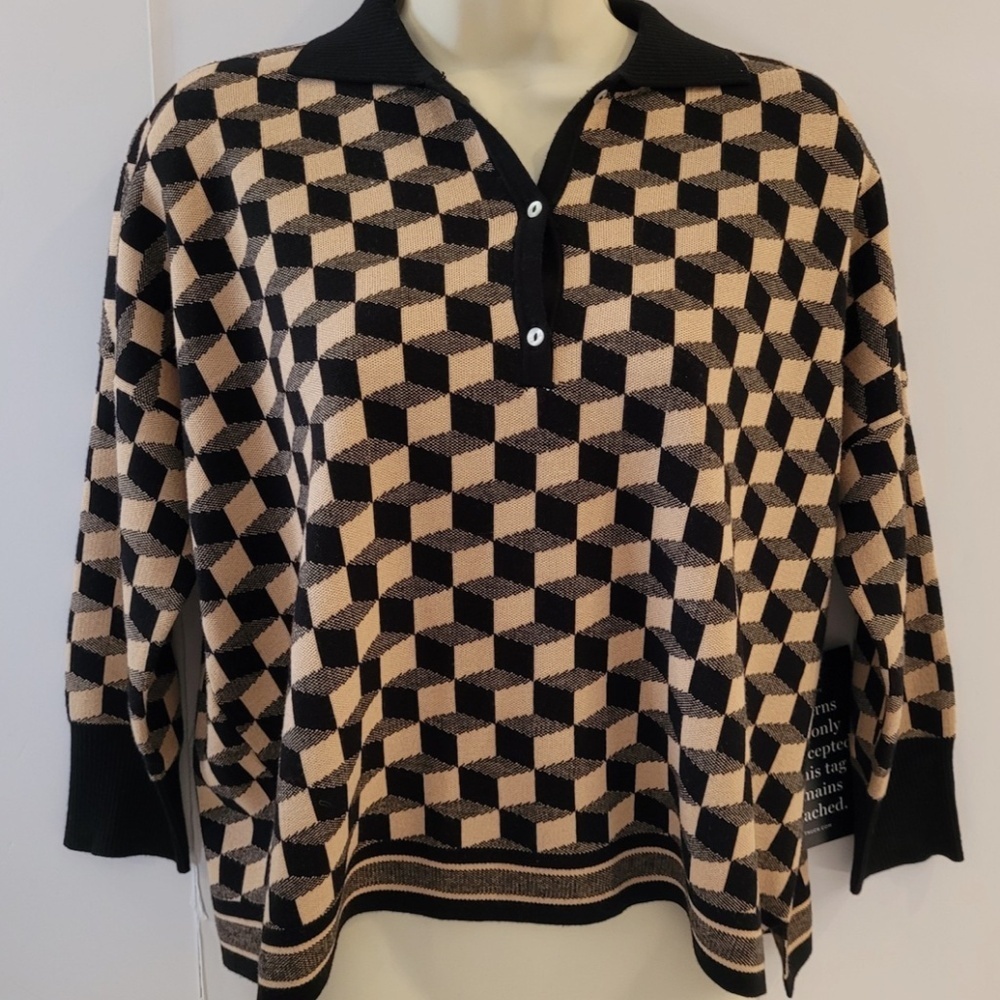 NWT Tuckernuck Clayton Geo Knit Polo Black Camel XL/XXL Onyx Sweater